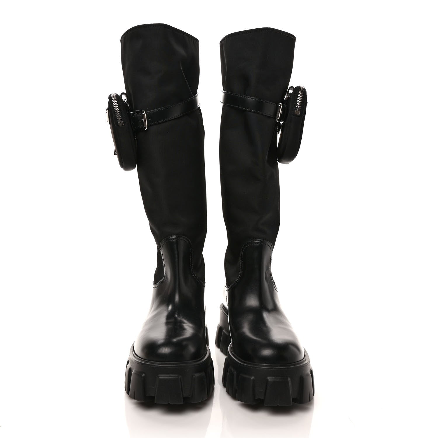 Prada Spazzolato Rois Re-Nylon Metal Triangle Logo Monolith Pouch Pocket 55mm Tall Boots 39 Black 2 of 8