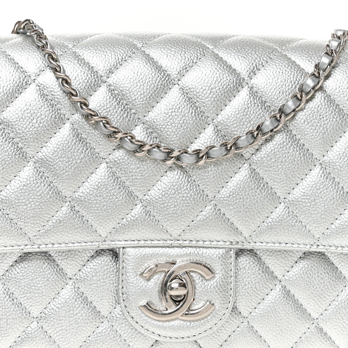 Metallic Caviar Quilted Medium CC Slide Flap Silver Silver