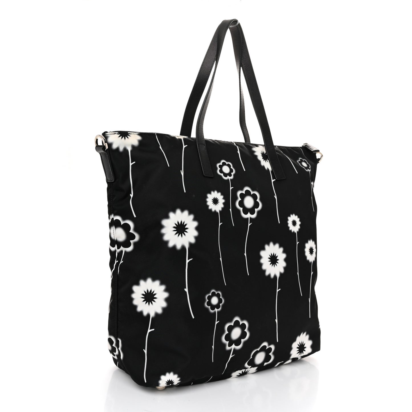 Tessuto Stampato Nylon Saffiano Floral Print Tote Black White