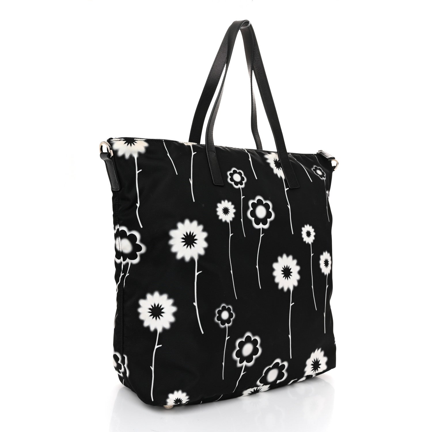 Prada Tessuto Stampato Nylon Saffiano Floral Print Tote Black White 3 of 11