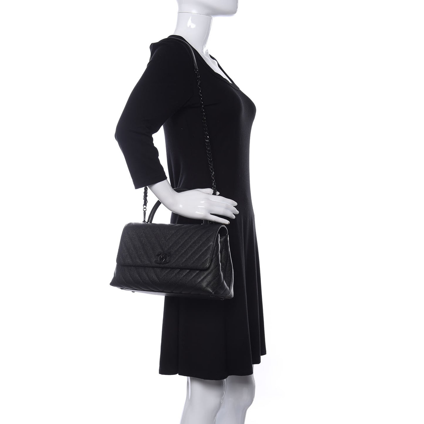Caviar Chevron Quilted Small Coco Handle Flap So Black
