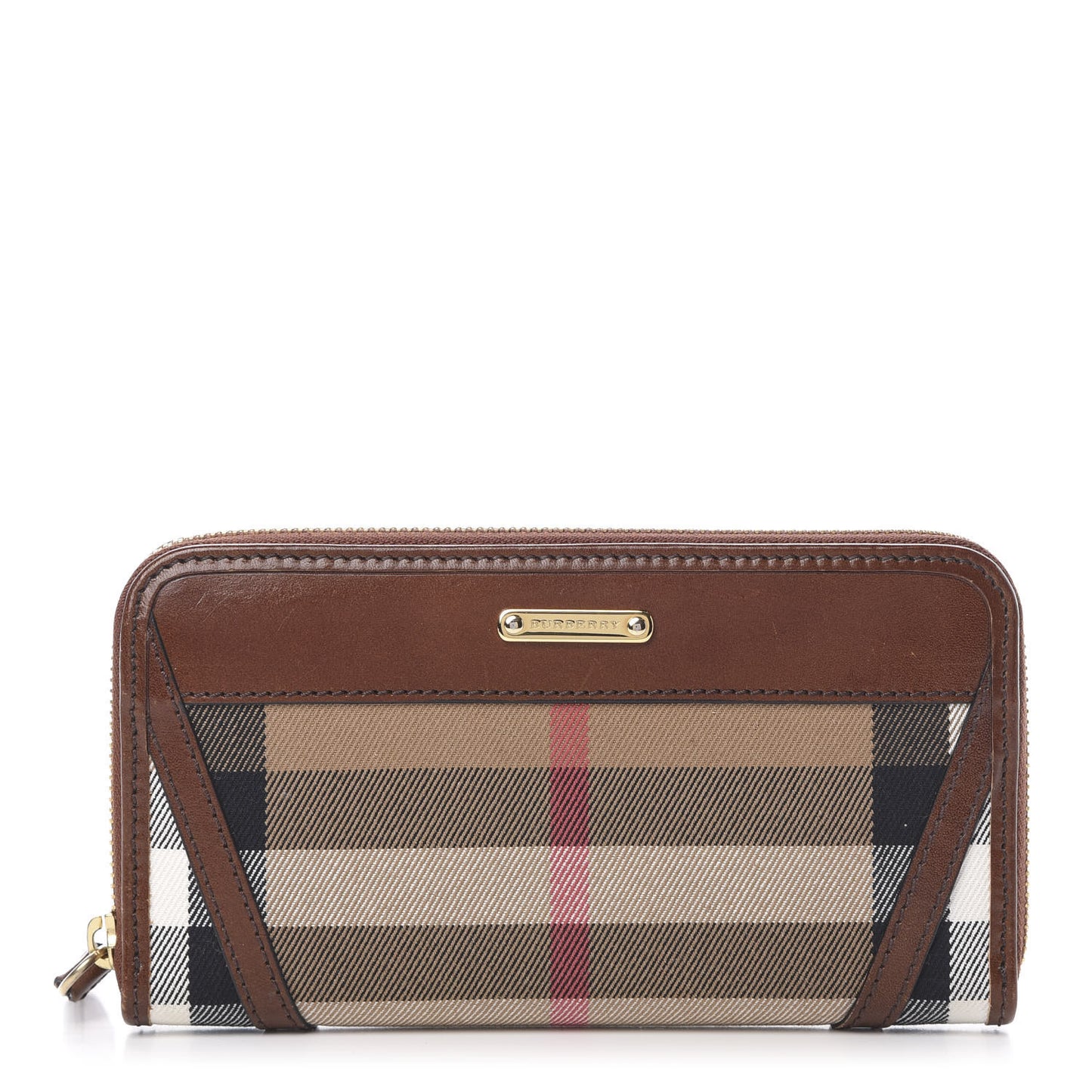 House Check Bridle Calfskin Ziggy Zip Around Wallet Dark Tan