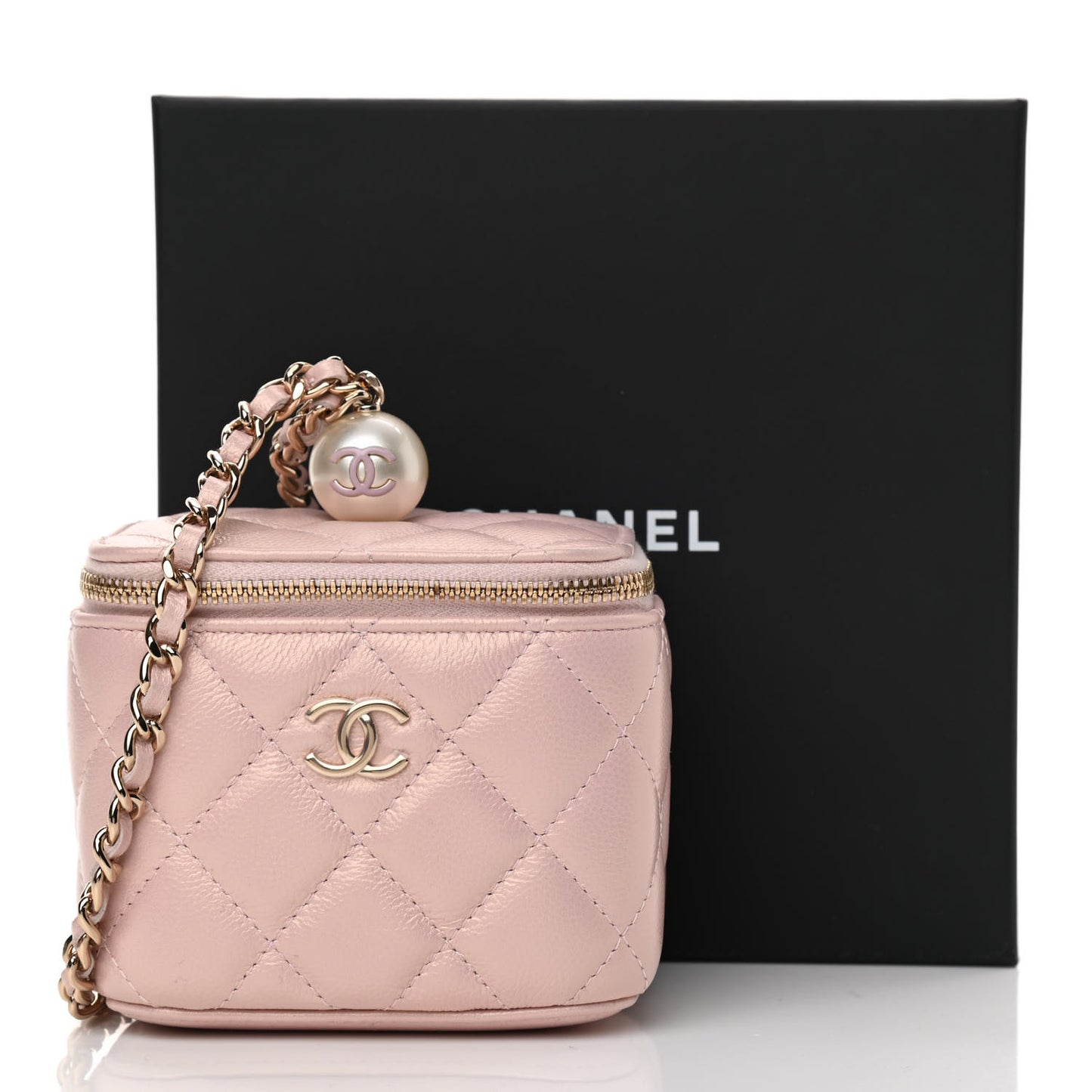 Iridescent Caviar Quilted Mini Pearl On Top Vanity Case With Chain Light Pink