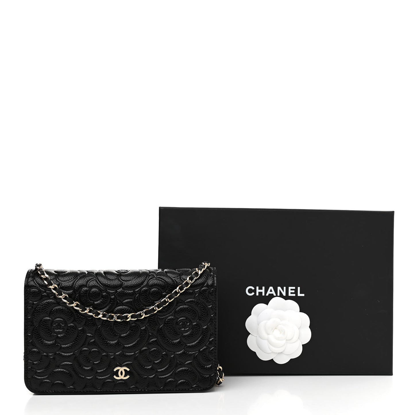 Caviar Camellia Embossed Wallet On Chain WOC Black