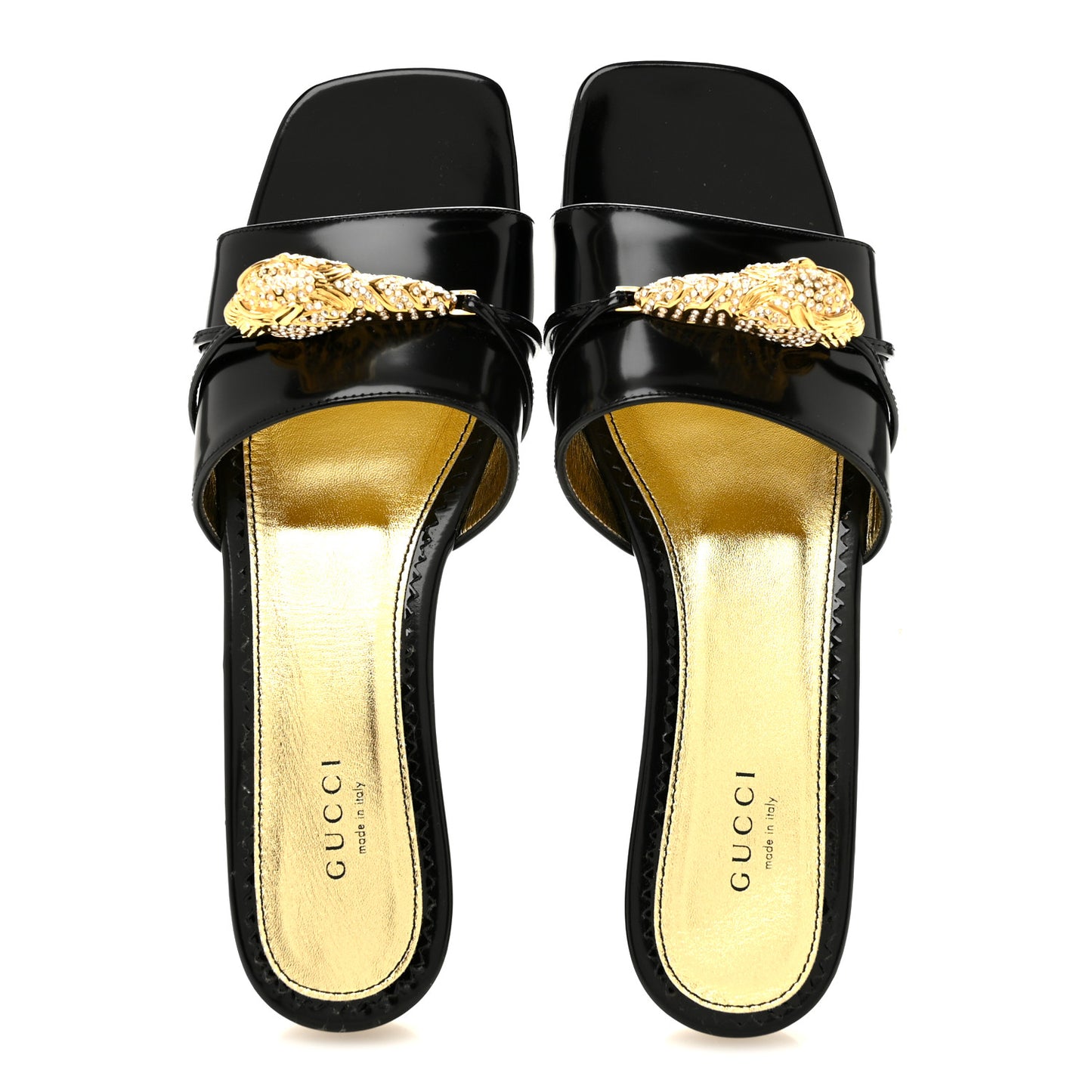 Patent Crystal Snake Head Block Heel Slide Sandals 38.5 Black