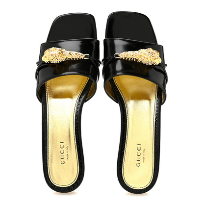 Gucci Patent Crystal Snake Head Block Heel Slide Sandals 38.5 Black 2 of 10