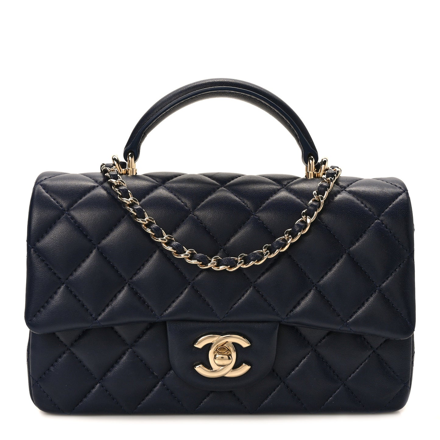 Lambskin Quilted Mini Top Handle Rectangular Flap Navy Blue