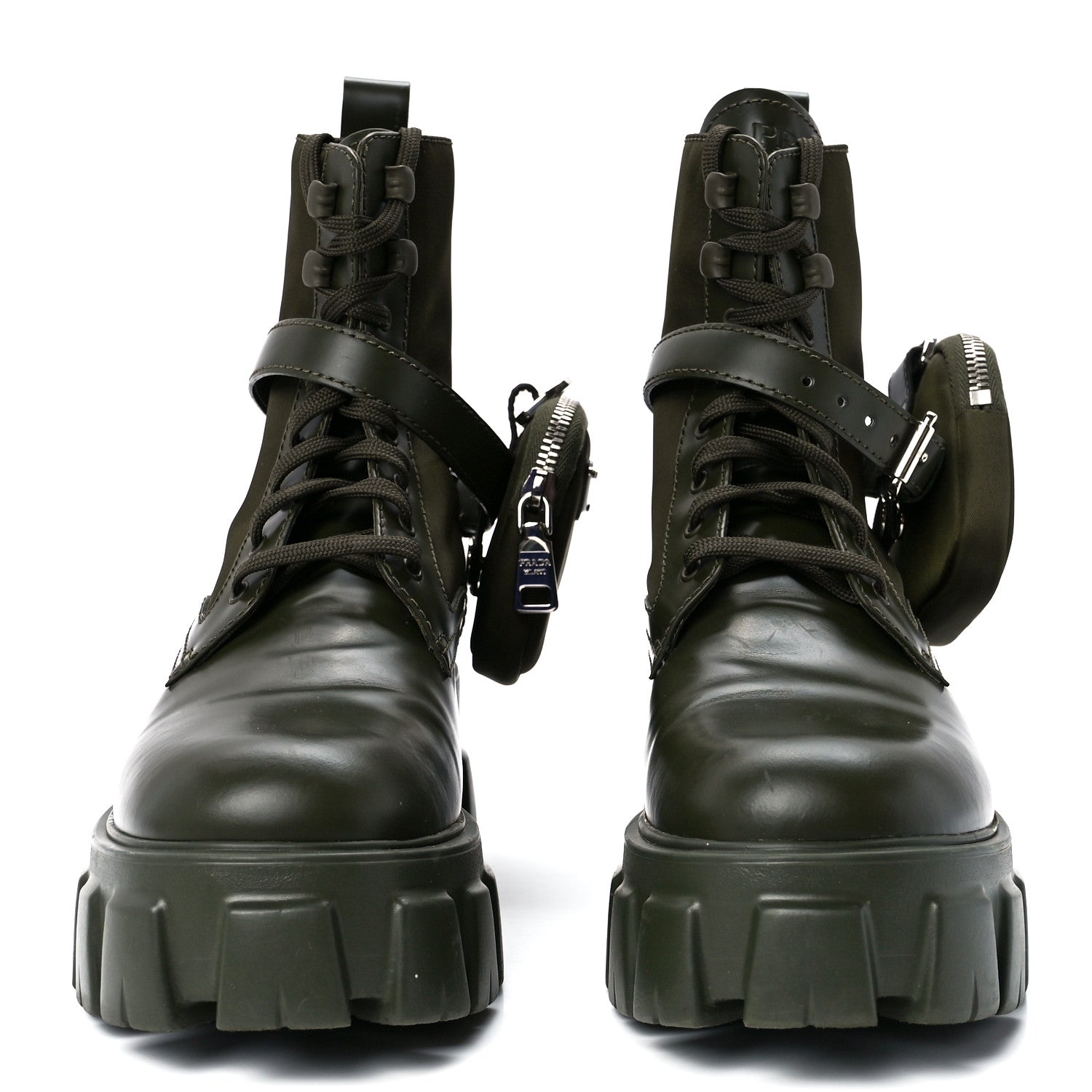 Prada Spazzolato Rois Re-Nylon Metal Triangle Logo Monolith Pouch Pocket 55mm Boots 39.5 Militare 2 of 11