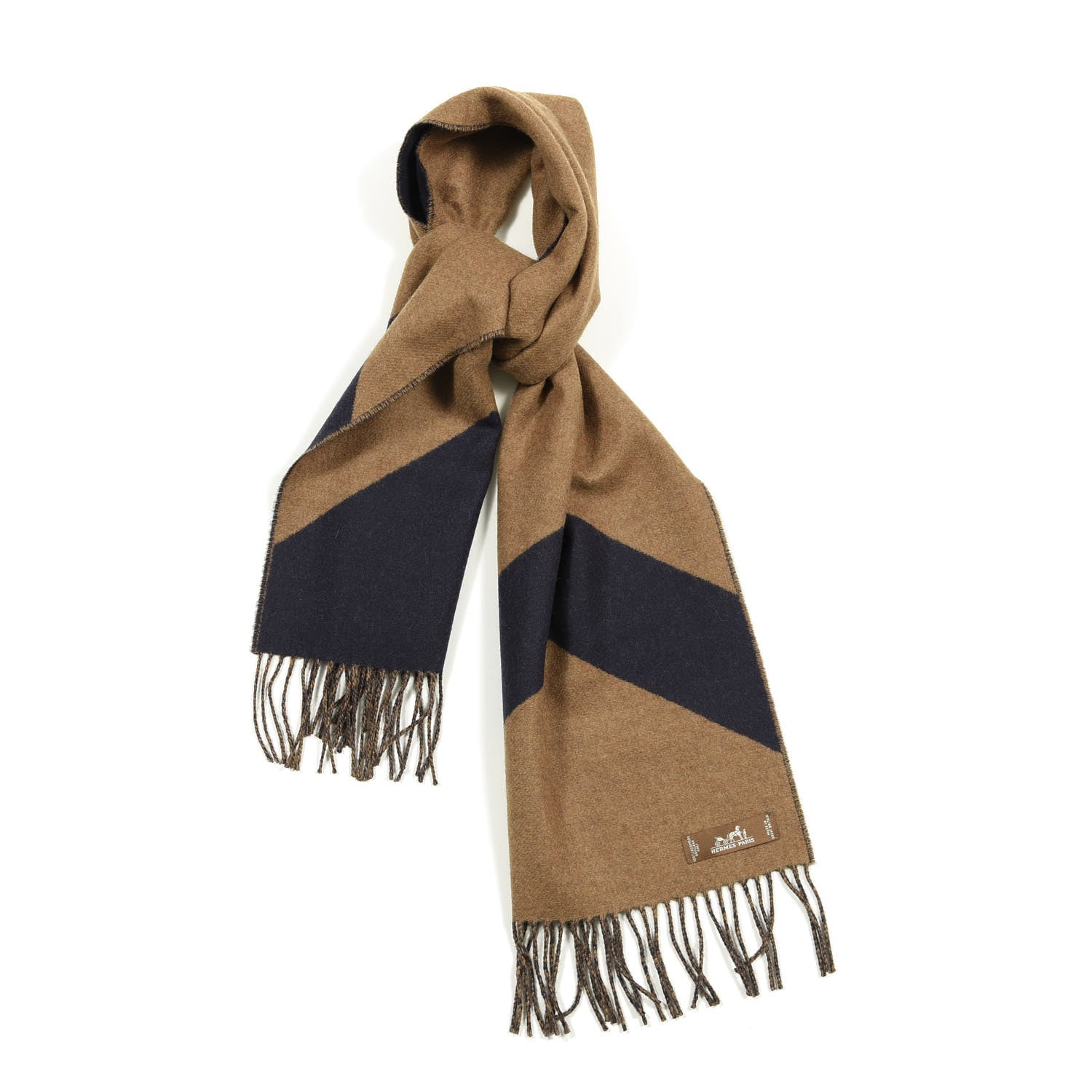Hermes Cashmere Casaque Chevron Muffler Camel Marine 1 of 4