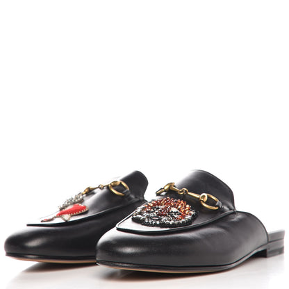 Gucci Calfskin Crystal Tiger Embroidered Womens Princetown Slippers 37 Black 3 of 10