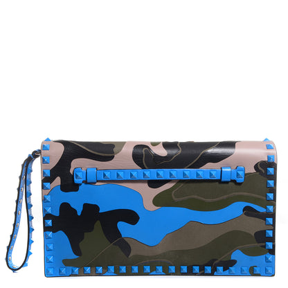 Valentino Garavani Nappa Canvas Camouflage Rockstud Wristlet Clutch Green Blue Fluo 1 of 8