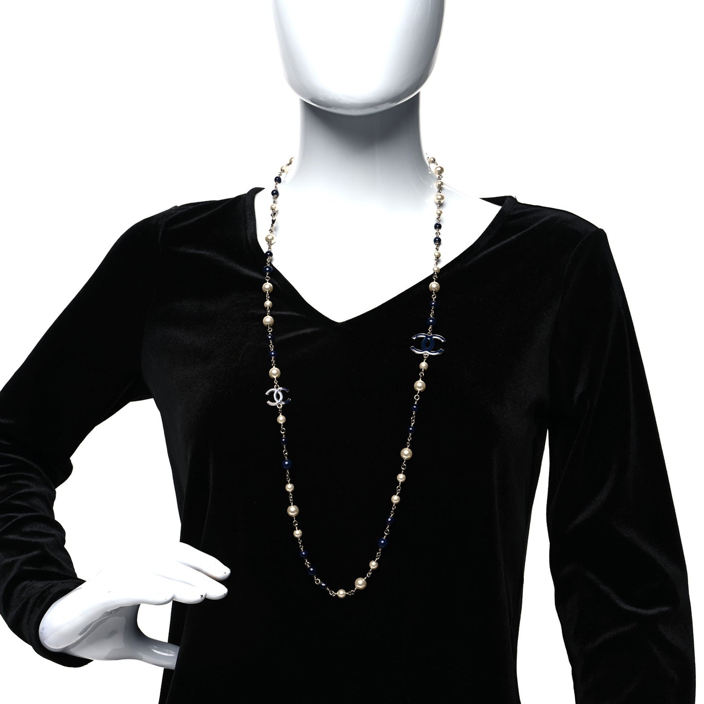 Pearl Beaded Enamel CC Long Necklace Blue Silver