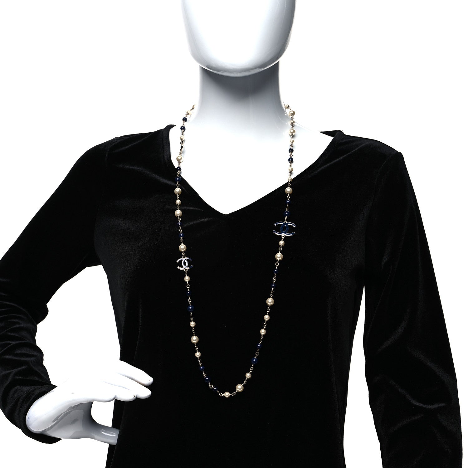 Chanel Pearl Beaded Enamel CC Long Necklace Blue Silver 2 of 5