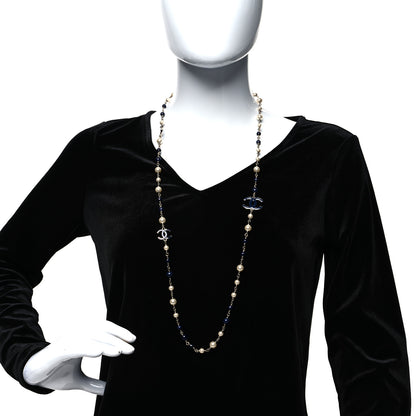Chanel Pearl Beaded Enamel CC Long Necklace Blue Silver 2 of 5