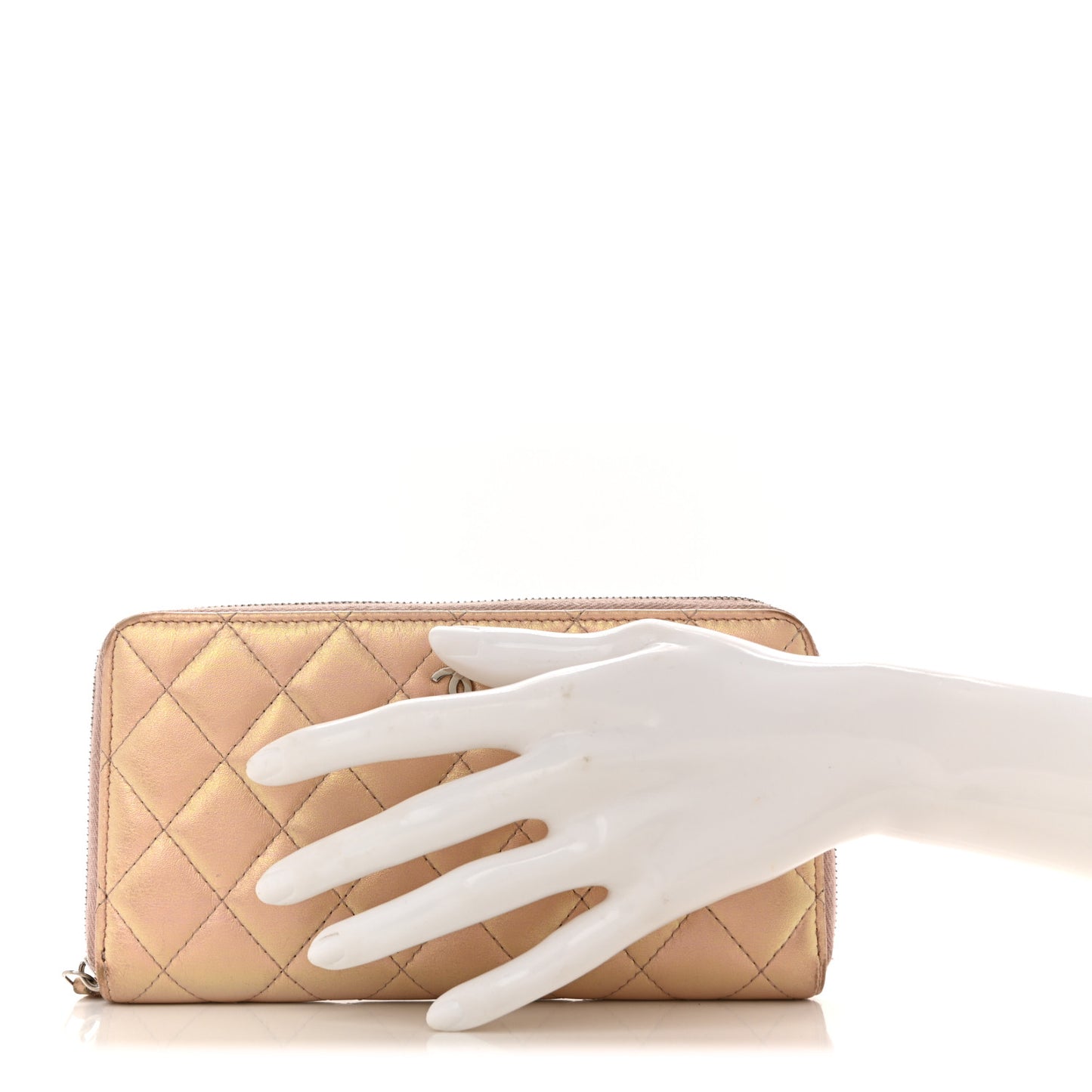 Iridescent Lambskin Quilted Large Gusset Zip Around Wallet Pink