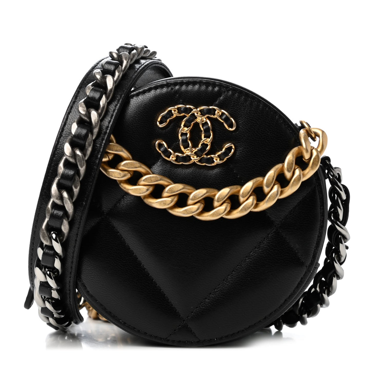 Lambskin Quilted Chanel 19 Round Clutch With Chain Black