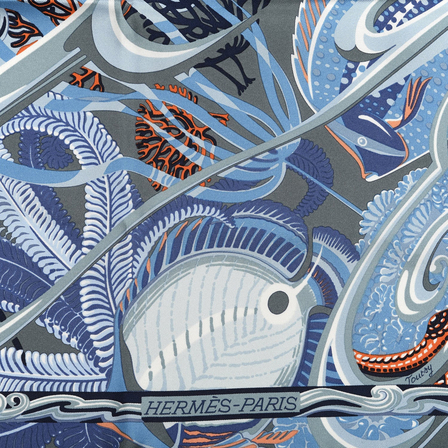 Hermes Silk De la Mer Au Ciel Scarf 90 Blue Jean Ceil Corail 2 of 5