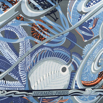 Hermes Silk De la Mer Au Ciel Scarf 90 Blue Jean Ceil Corail 2 of 5