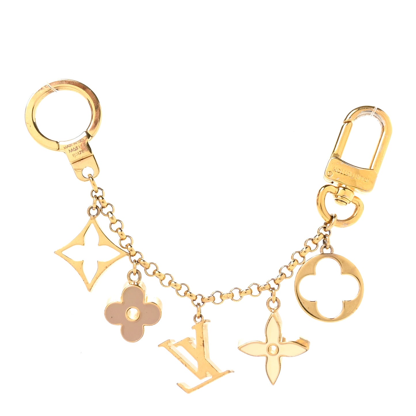 Brass Enamel Fleur De Monogram Bag Charm Chain Gold