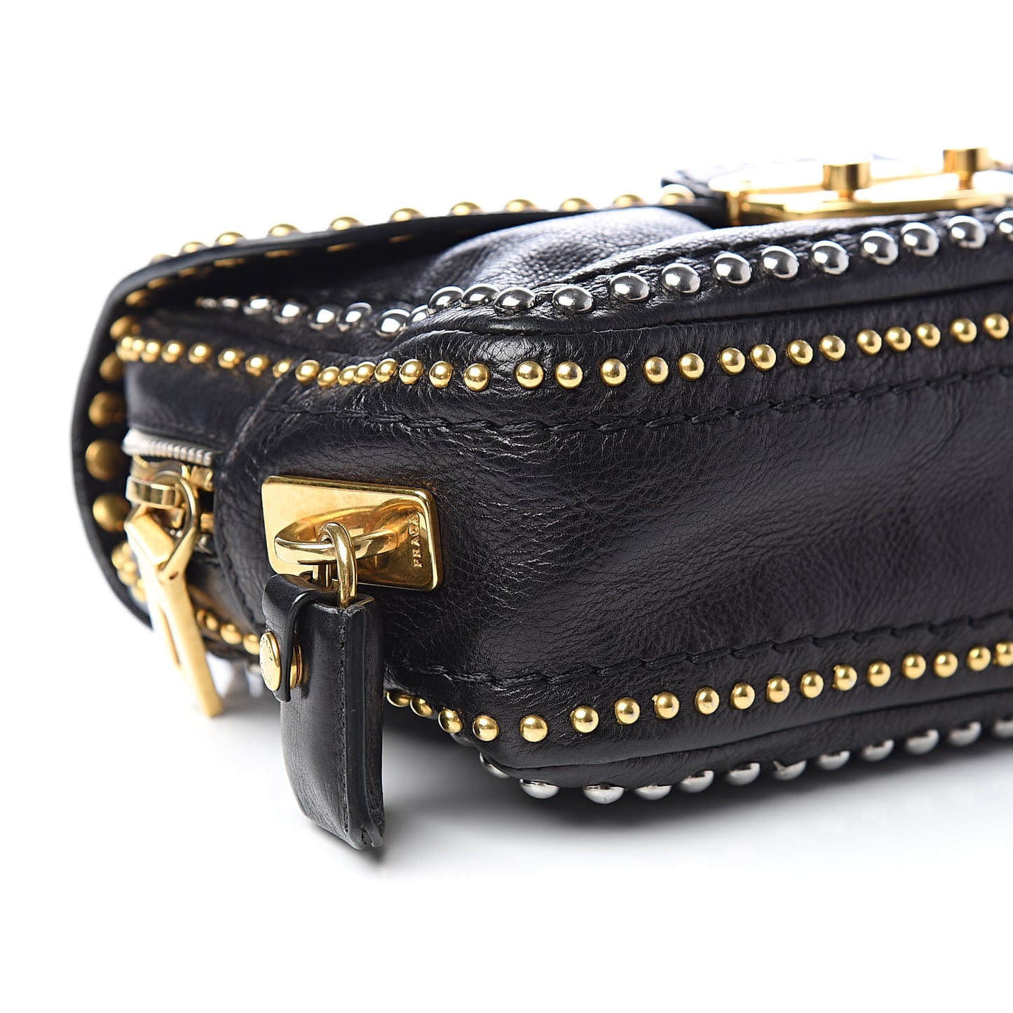 Glace Calf Studded Pushlock Chain Shoulder Bag Black