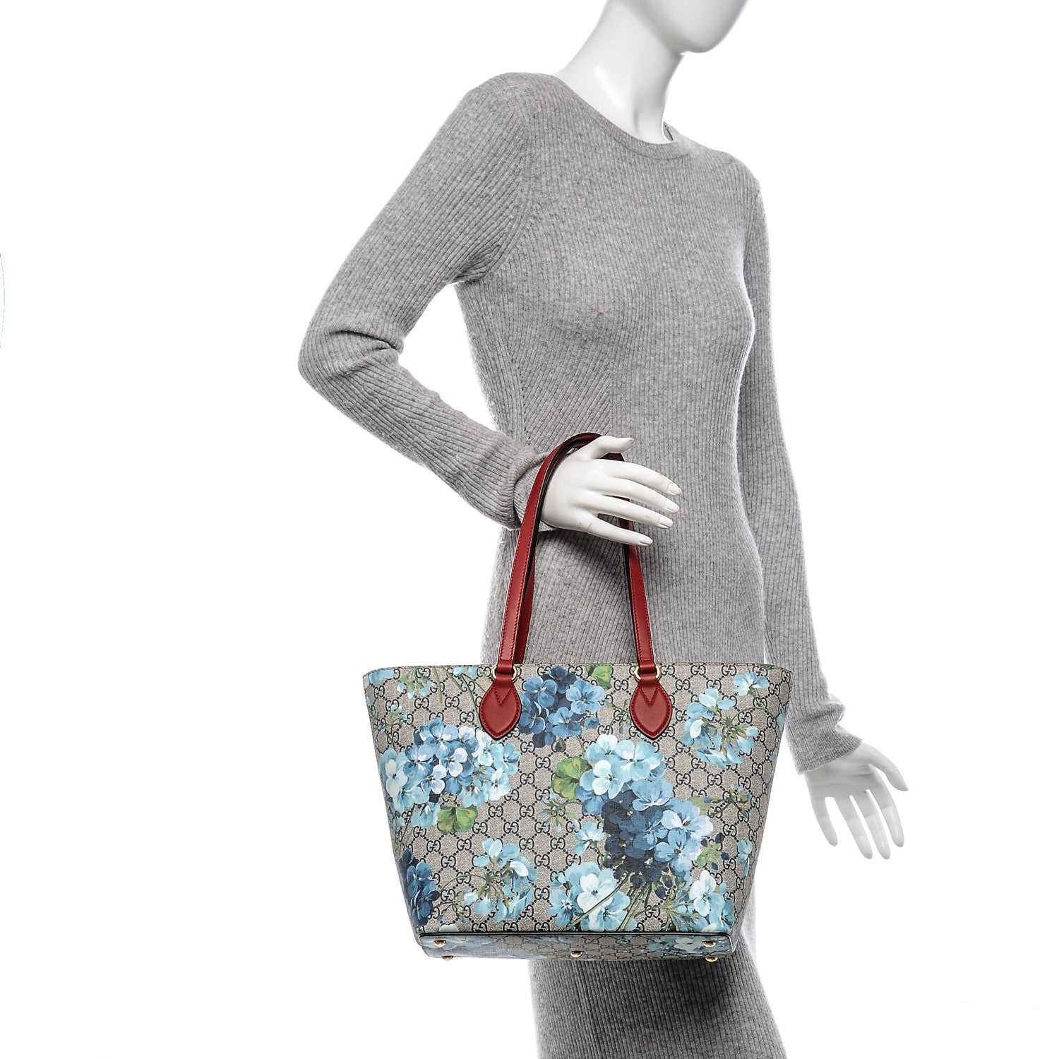 Gucci GG Supreme Monogram Blooms Medium Zippered Bucket Tote Beige Blue Navy Hibiscus Red 2 of 7