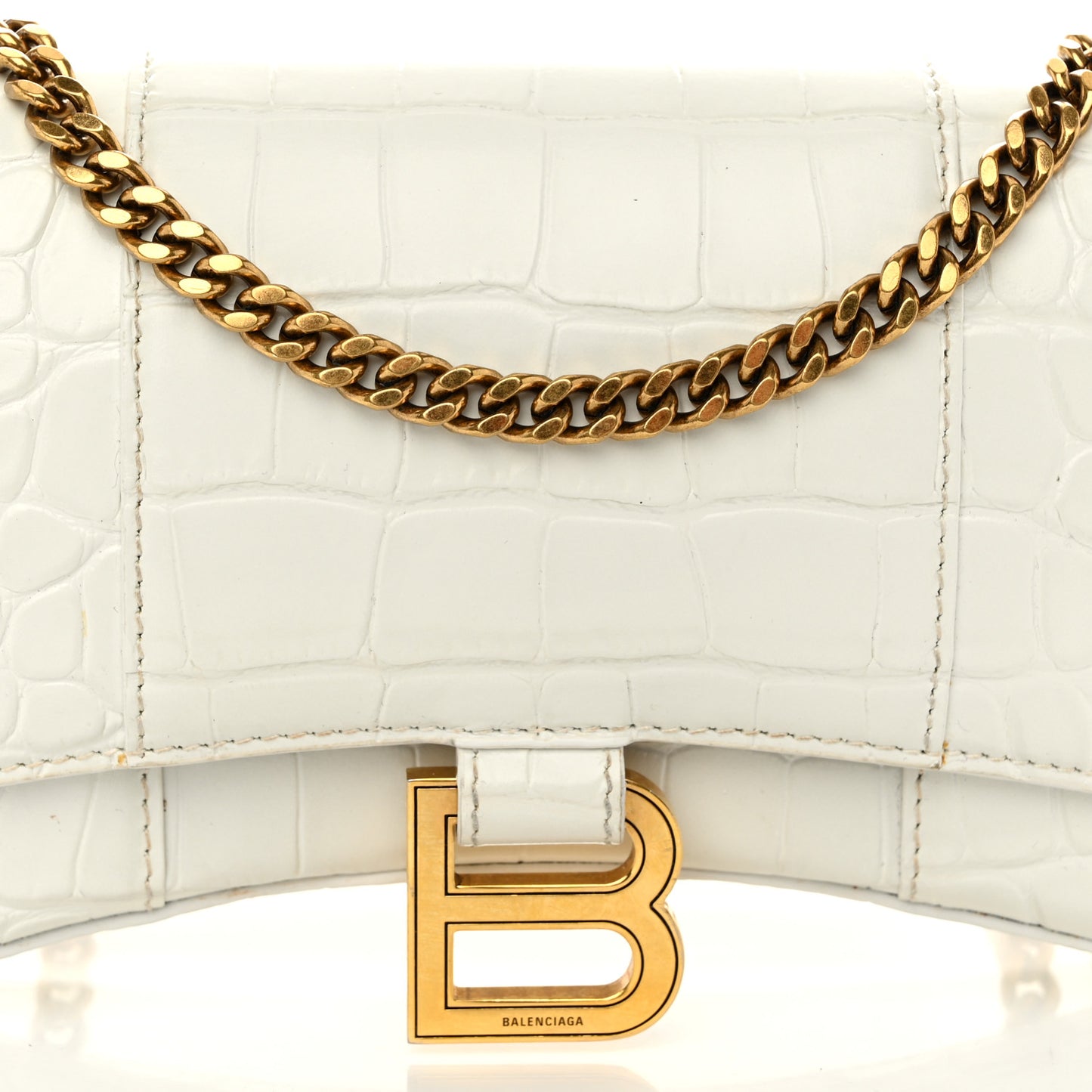 Shiny Calfskin Crocodile Embossed Hourglass Chain Bag White