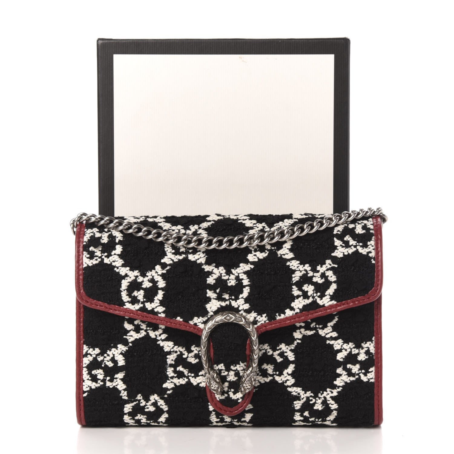 Gucci Tweed GG Monogram Mini Dionysus Chain Wallet Black White Romantic Cherry 11 of 11