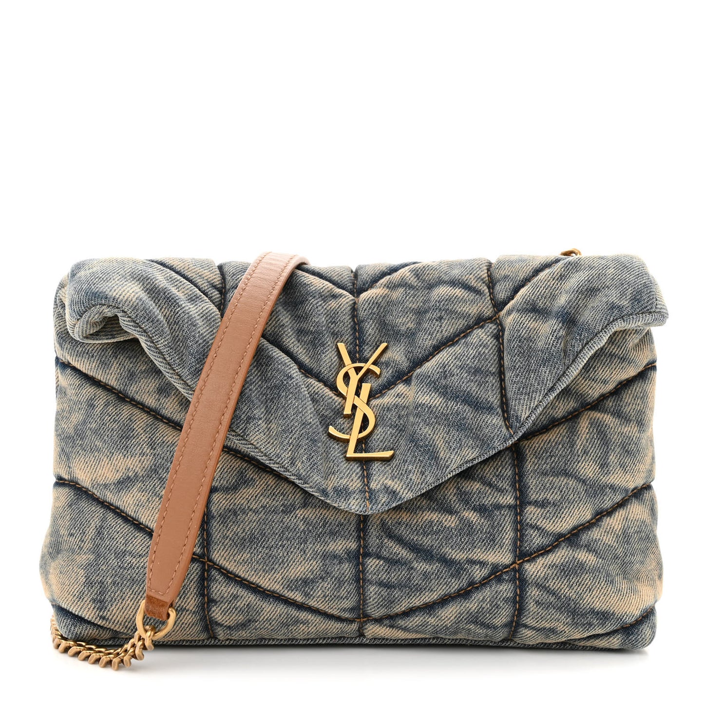 Denim Quilted Toy Loulou Puffer Monogram Chain Satchel Blue Cinnamon