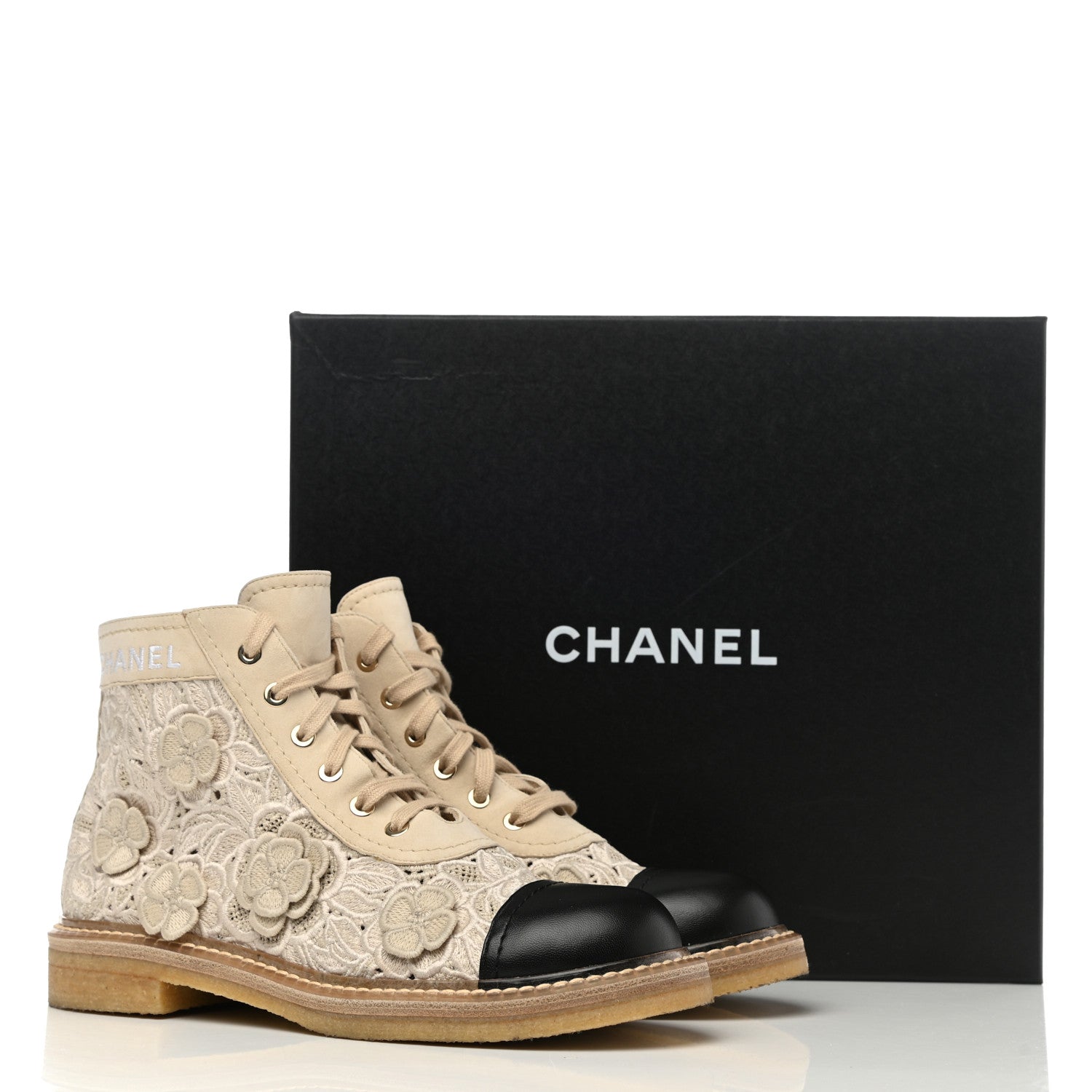 Chanel Embroidered Flower Calfskin Lace Up Boots 39 Beige Black 9 of 9