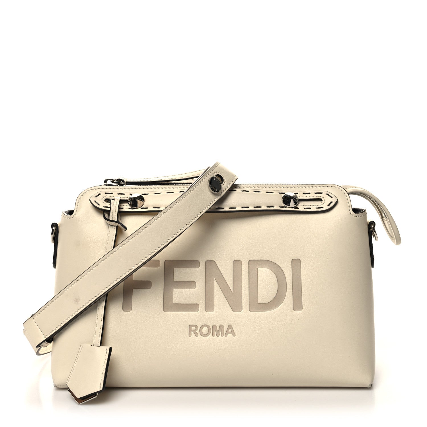Fendi Vitello King Logo Embossed Medium By The Way Boston Bag White Ice 1 of 15