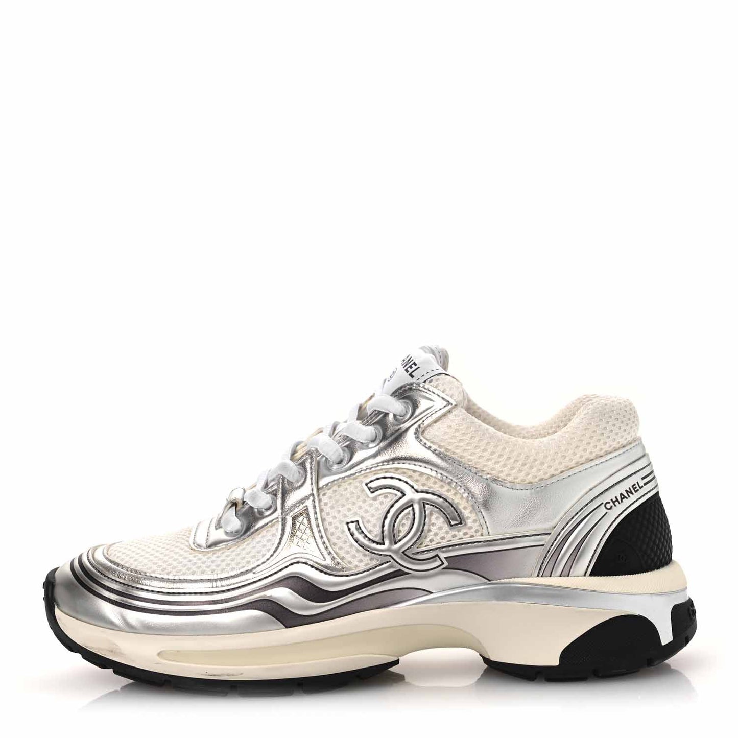 Fabric Laminated Calfskin Stretch CC Sneakers 38 White Silver