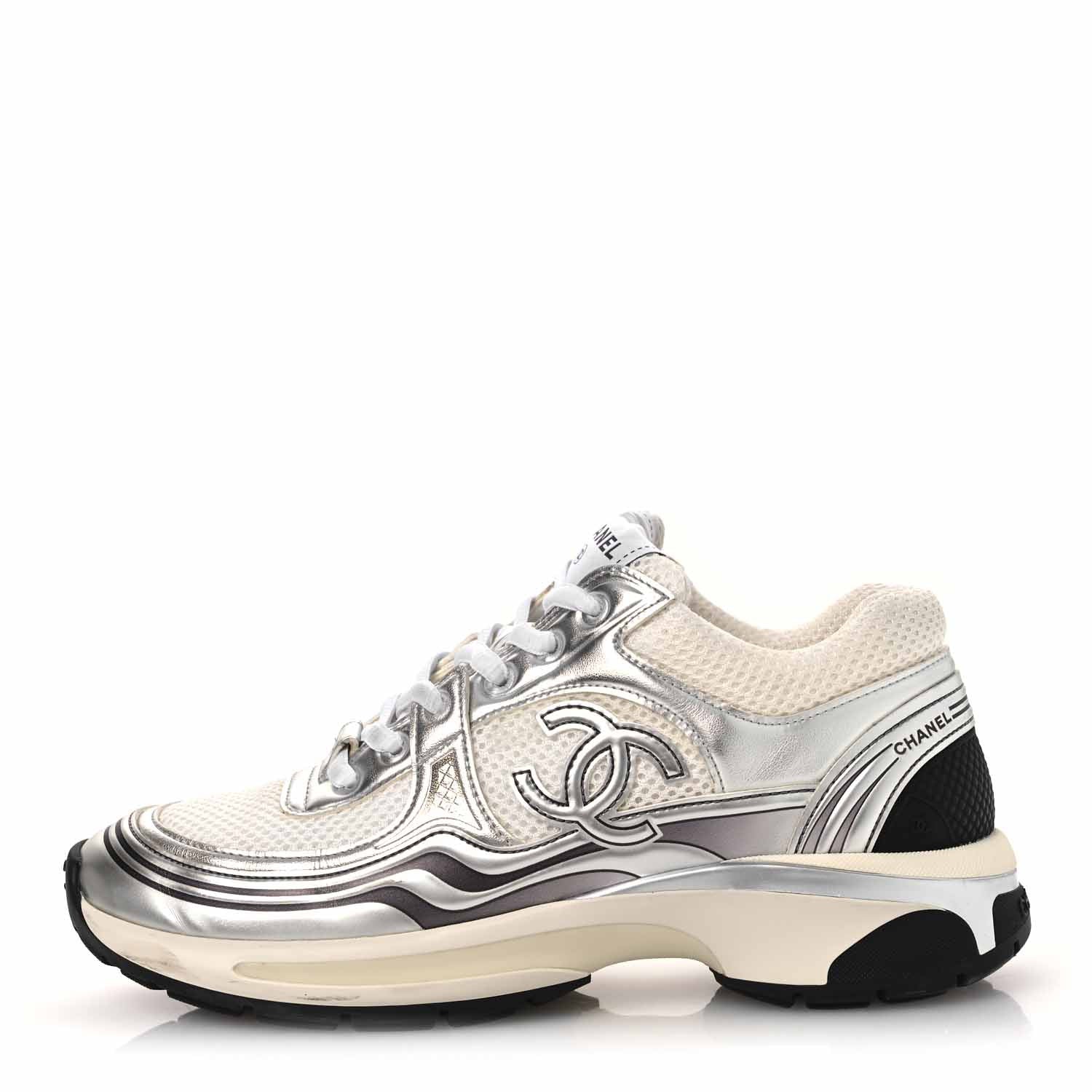 Chanel Fabric Laminated Calfskin Stretch CC Sneakers 38 White Silver 1 of 13