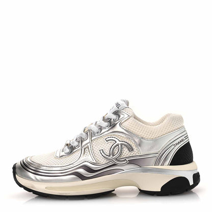 Chanel Fabric Laminated Calfskin Stretch CC Sneakers 38 White Silver 1 of 13