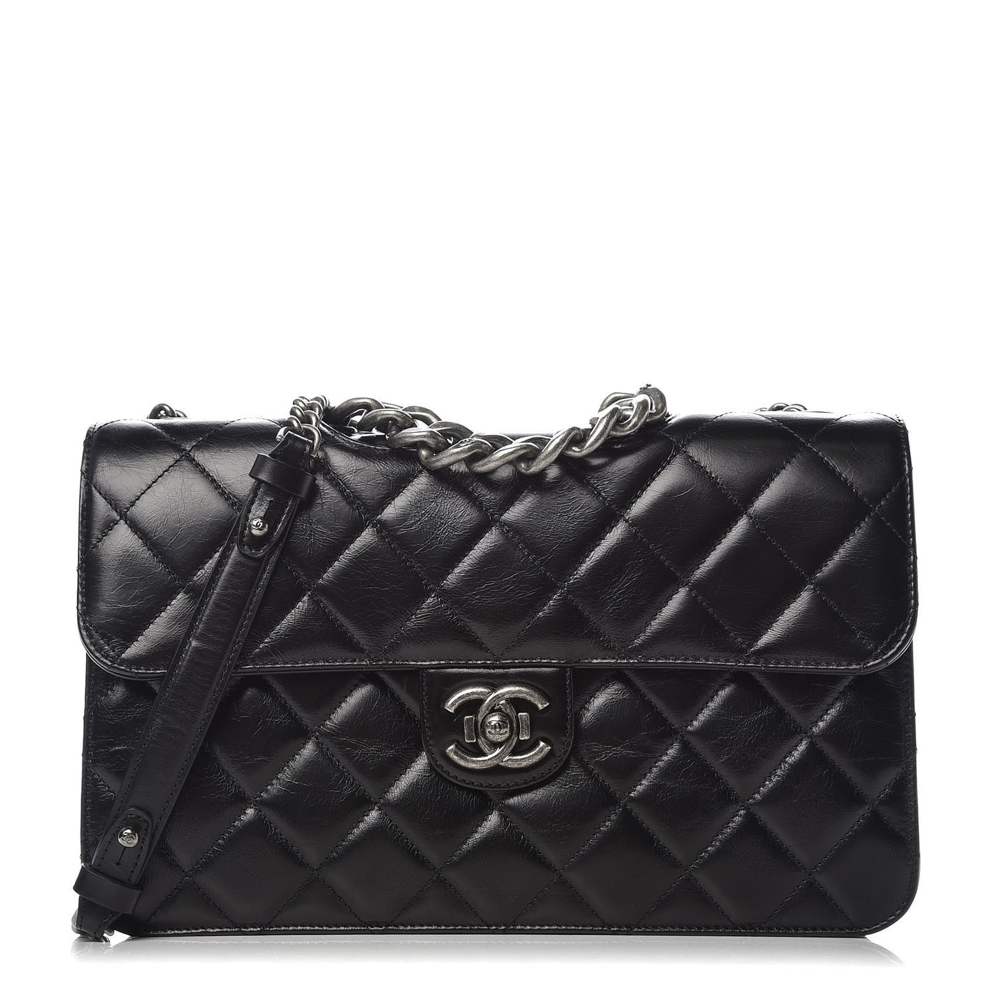 Glazed Calfskin Quilted Large Perfect Edge Flap Black