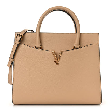 Versace Grained Calfskin Large Virtus Top Handle Shoulder Bag Beige 1 of 8