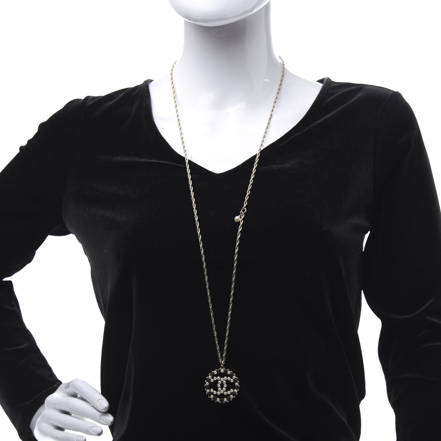 Pearl Bead CC Medallion Necklace Gold Pearly White Black
