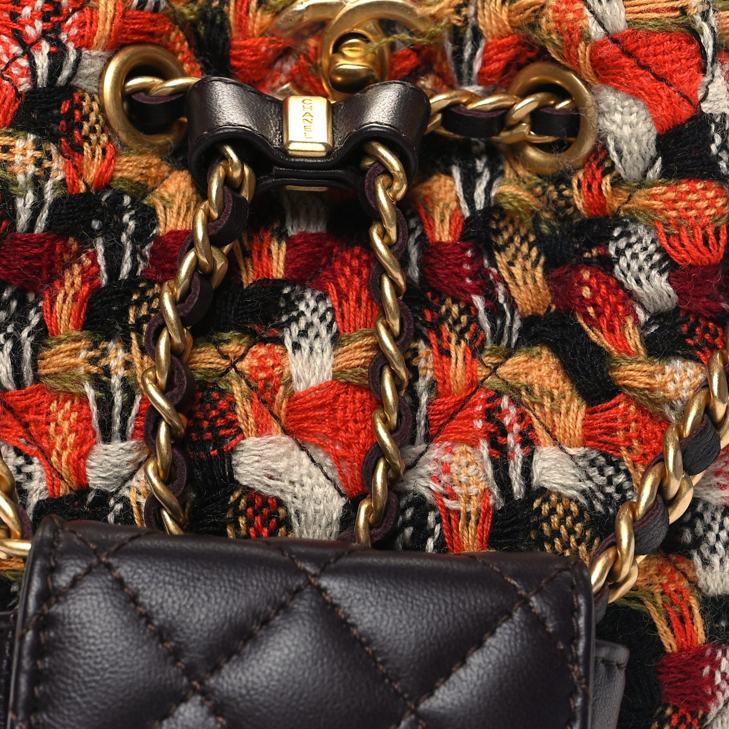 Tweed Quilted Small CC Chain Bucket Backpack Orange Multicolor