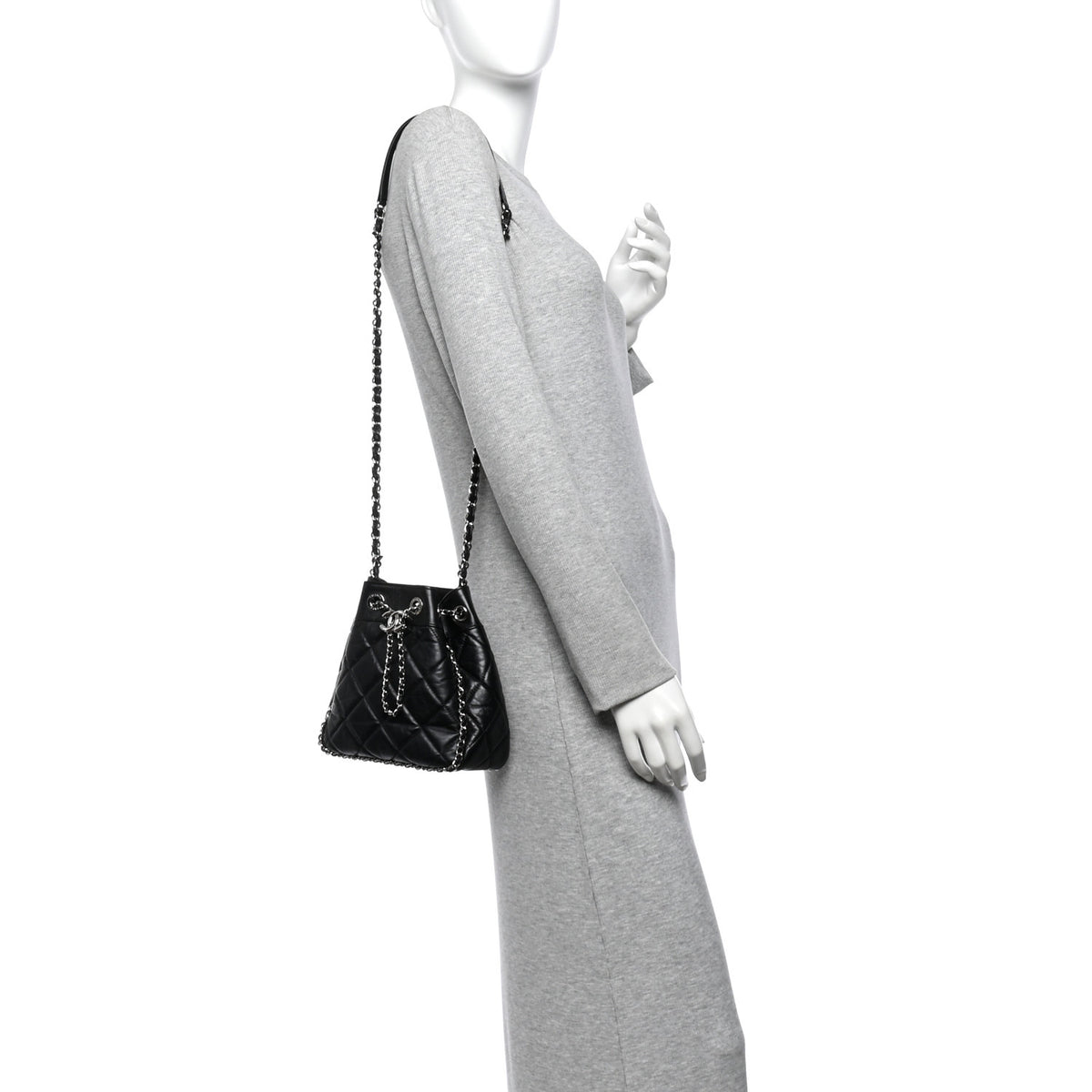 Crumpled Calfskin Quilted Chain All Over Drawstring Bucket Bag Black