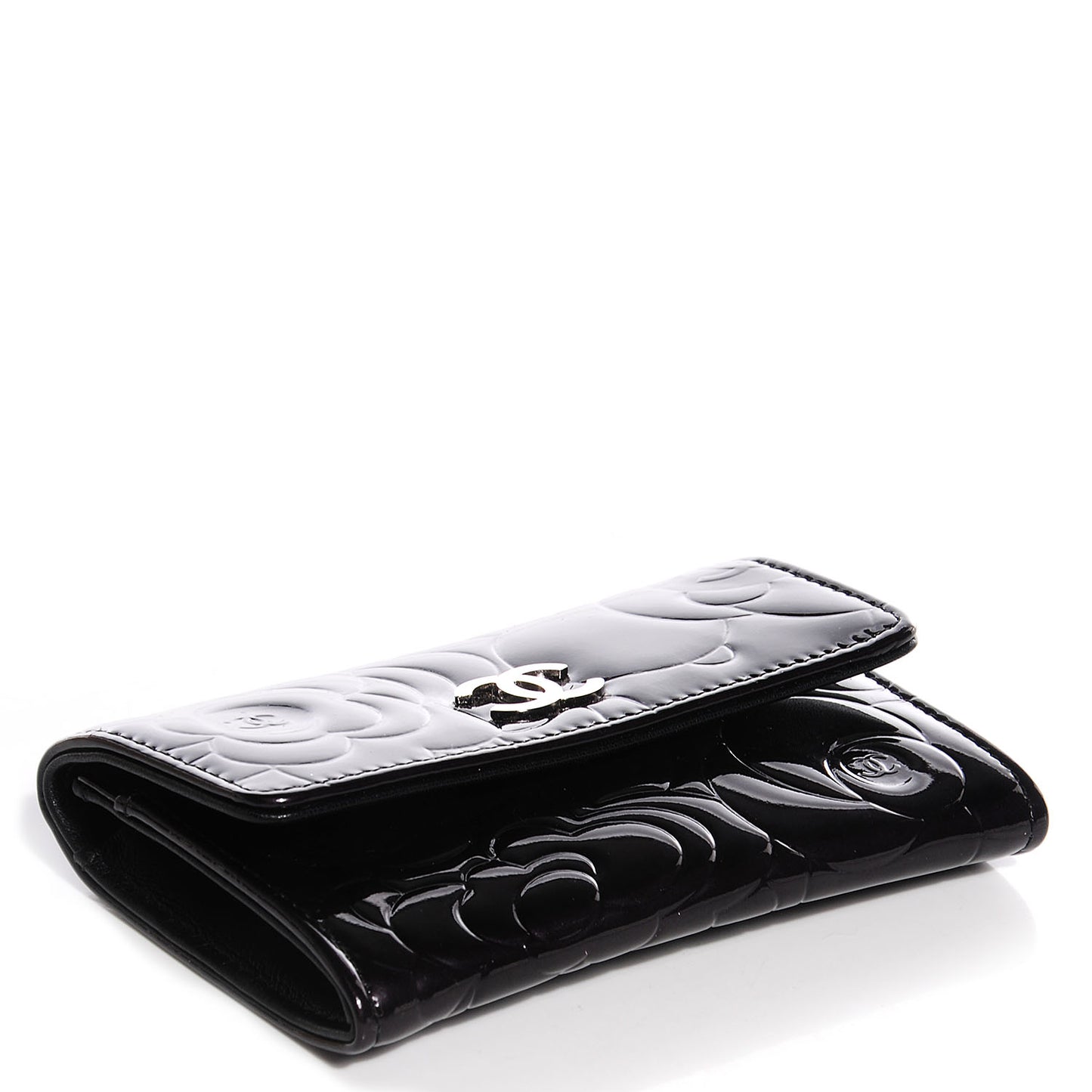 Patent Camellia Embossed Card Holder Black