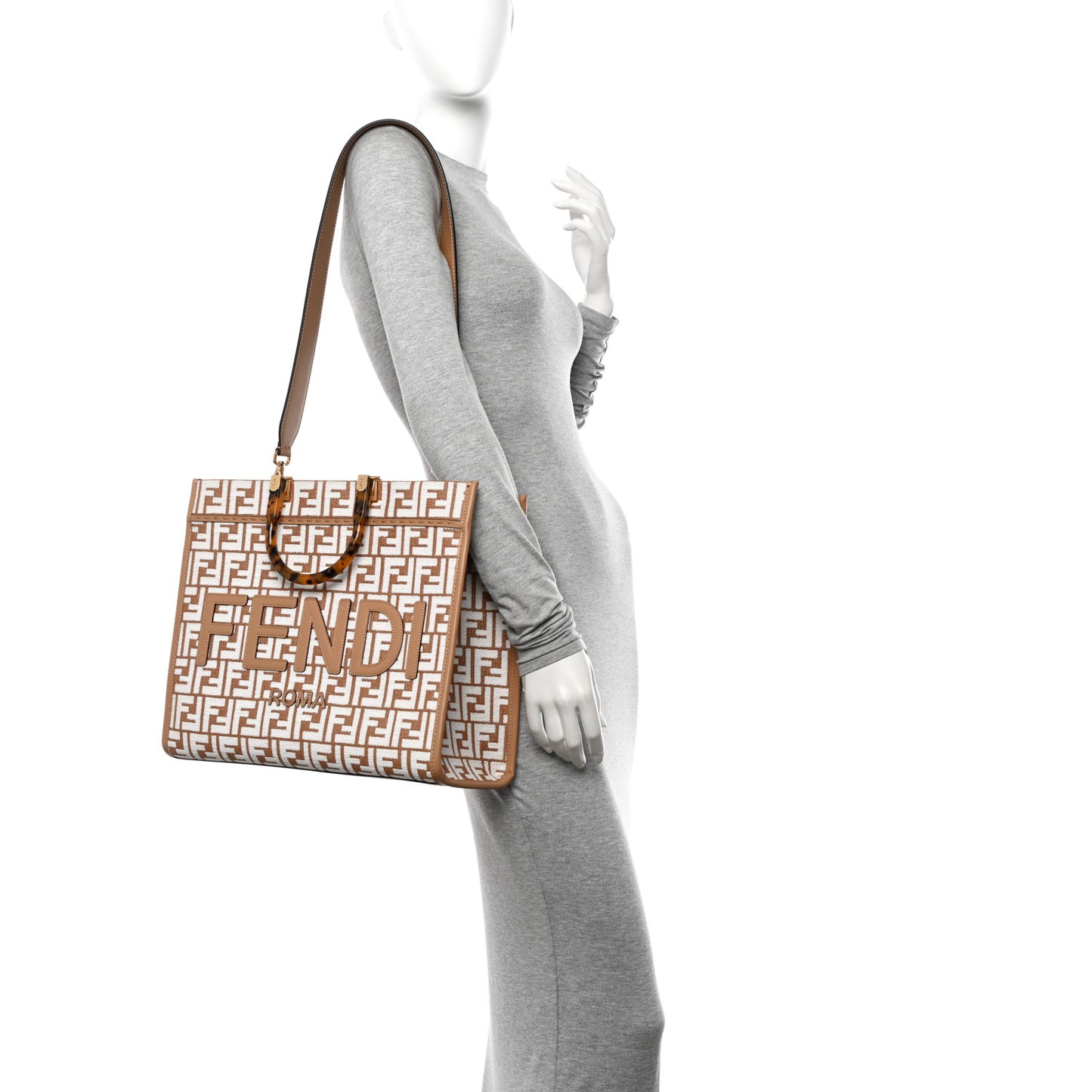 Woven Fabric Calfskin FF Medium Fendi Sunshine Shopper Tote Natural White Dark Honey