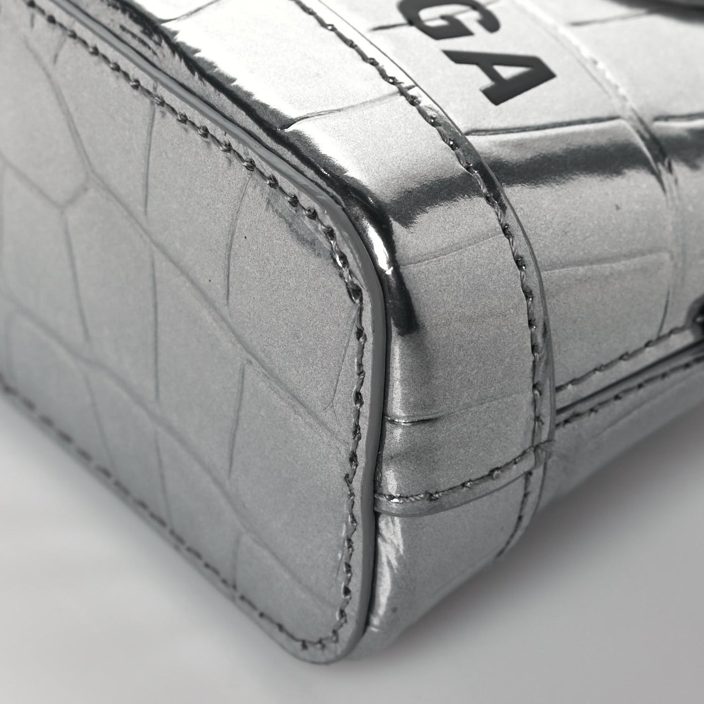 Metallic Calfskin Logo Crocodile Embossed Mini Ville Top Handle Bag Silver Black