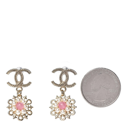 Chanel Pearl Resin CC Flower Drop Earrings Pink Gold 2 of 5