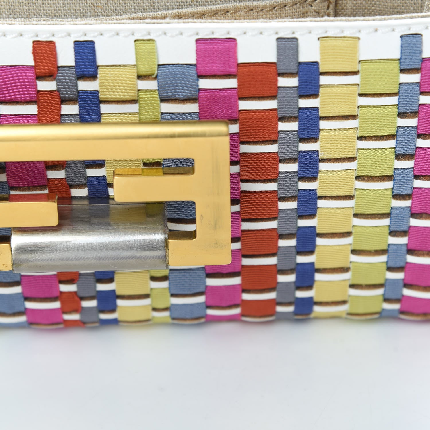 Fendi Fabric Calfskin Woven Crossbody White Multicolor 12 of 12