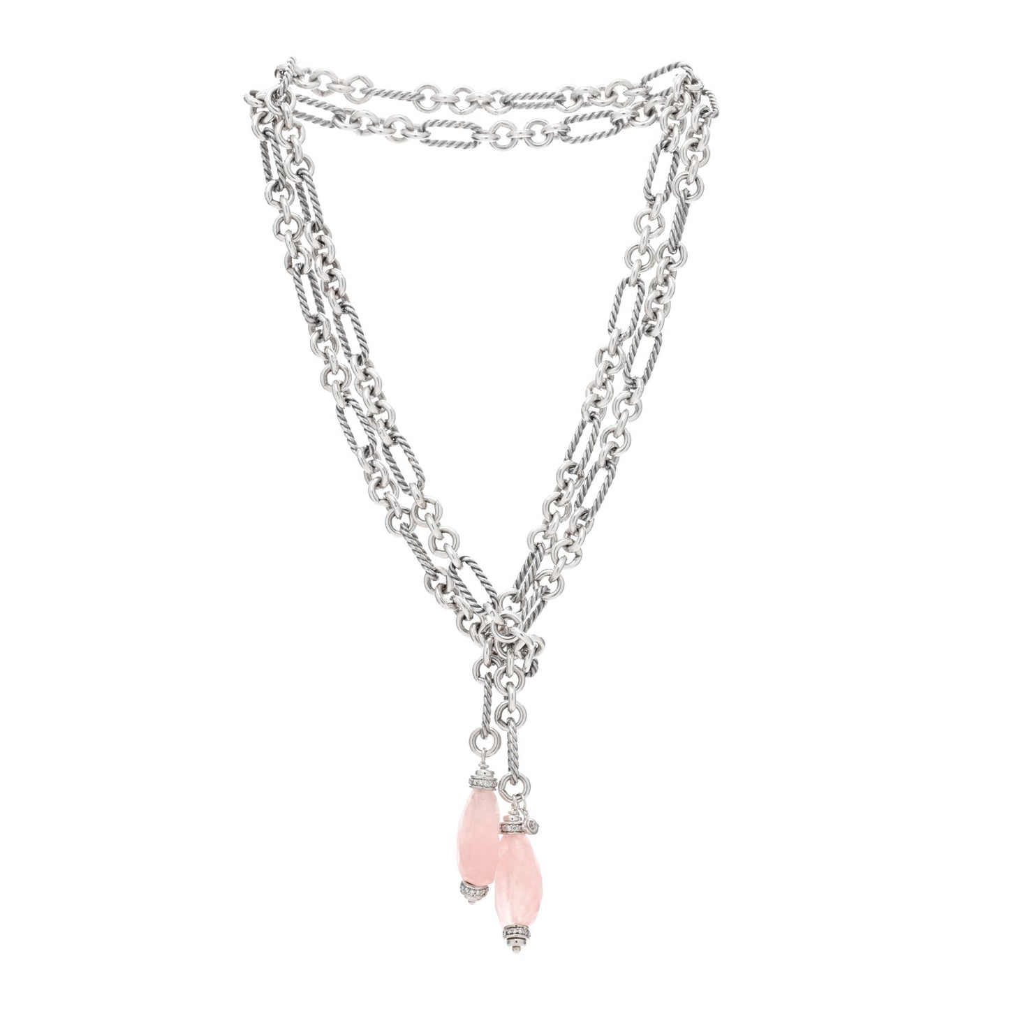 Sterling Silver Diamond Rose Quartz Figaro Lariat Necklace
