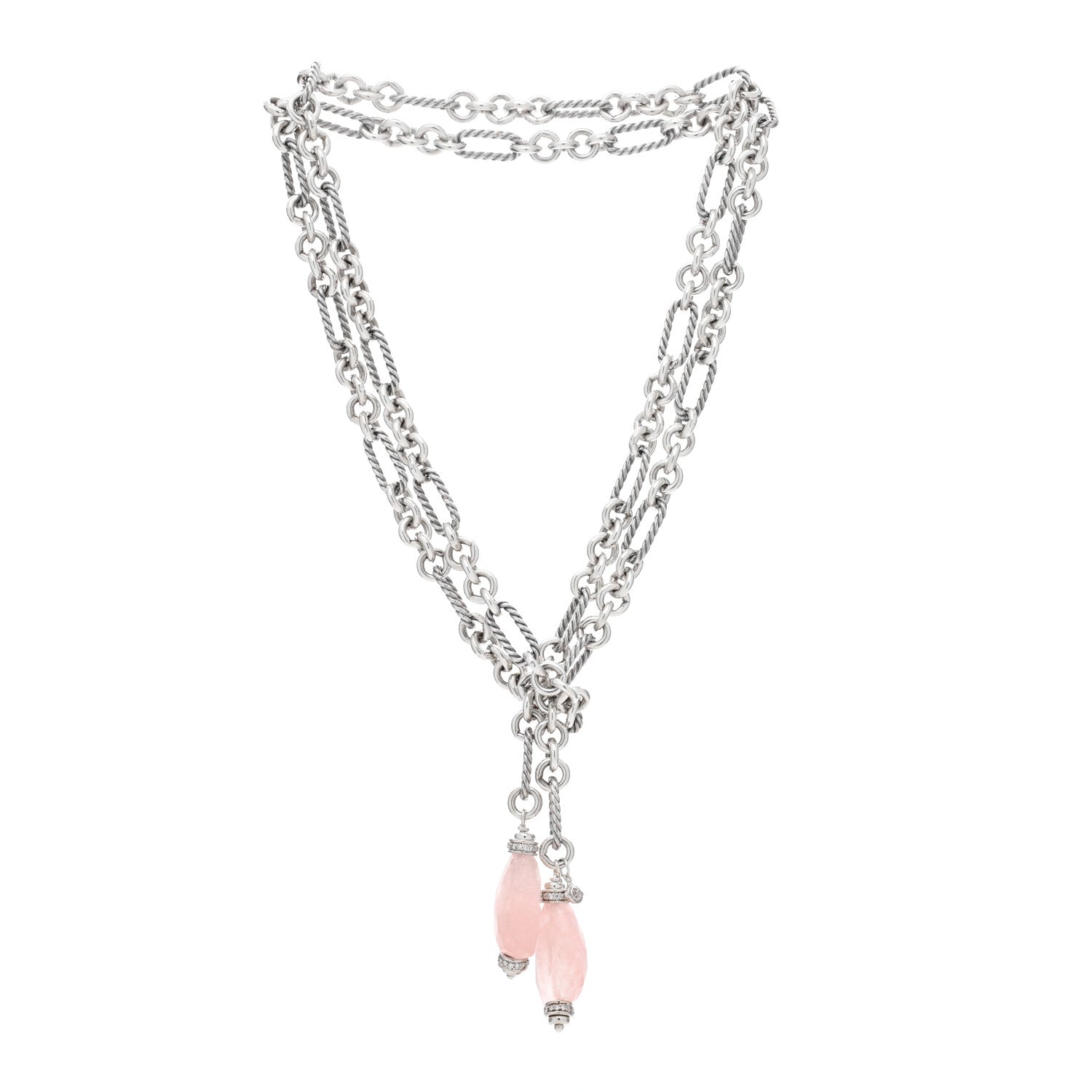 David Yurman Sterling Silver Diamond Rose Quartz Figaro Lariat Necklace 2 of 4