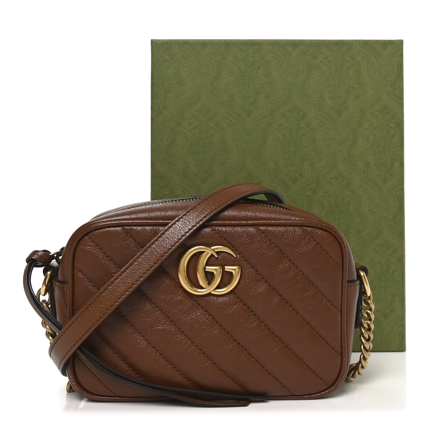 Gucci Glazed Calfskin Matelasse Diagonal Mini GG Marmont Chain Shoulder Bag Cuir 11 of 11