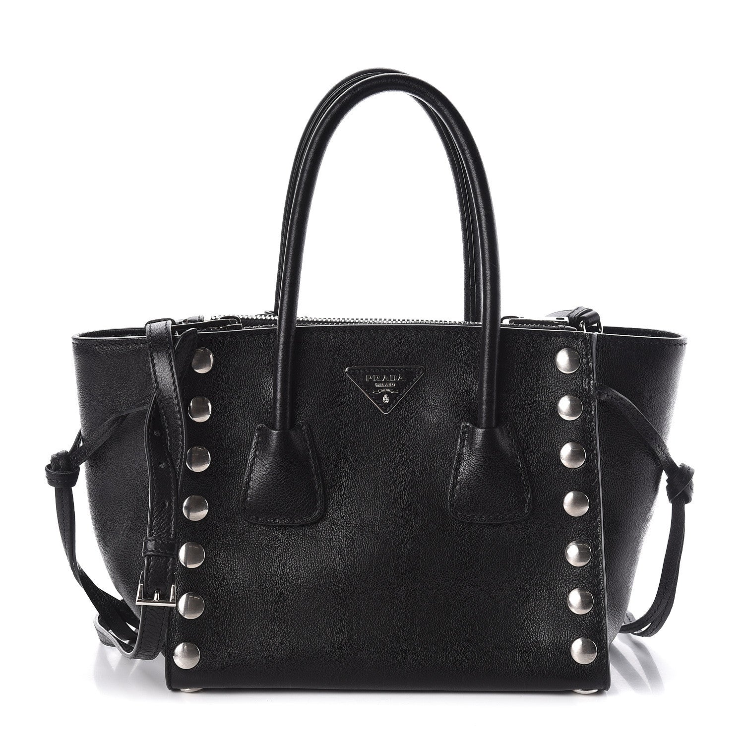 Prada Glace Calf Studded Twin Pocket Tote Black 1 of 9