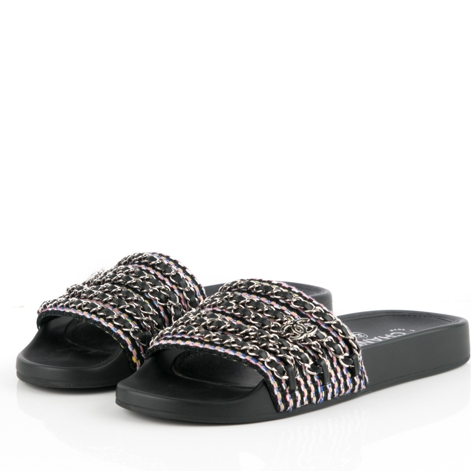Chanel Tweed Lambskin Chain Flat Sandals 37 Black Multicolor 3 of 7