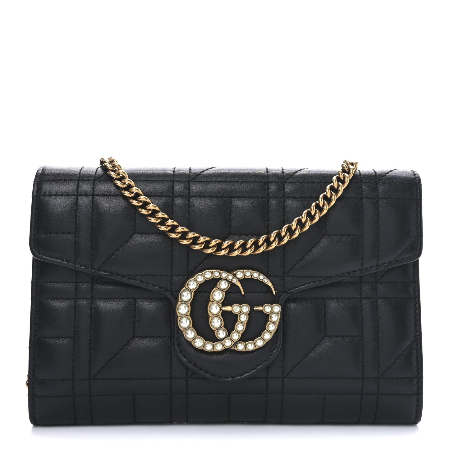Calfskin Matelasse Mini Pearly GG Marmont Chain Wallet Black