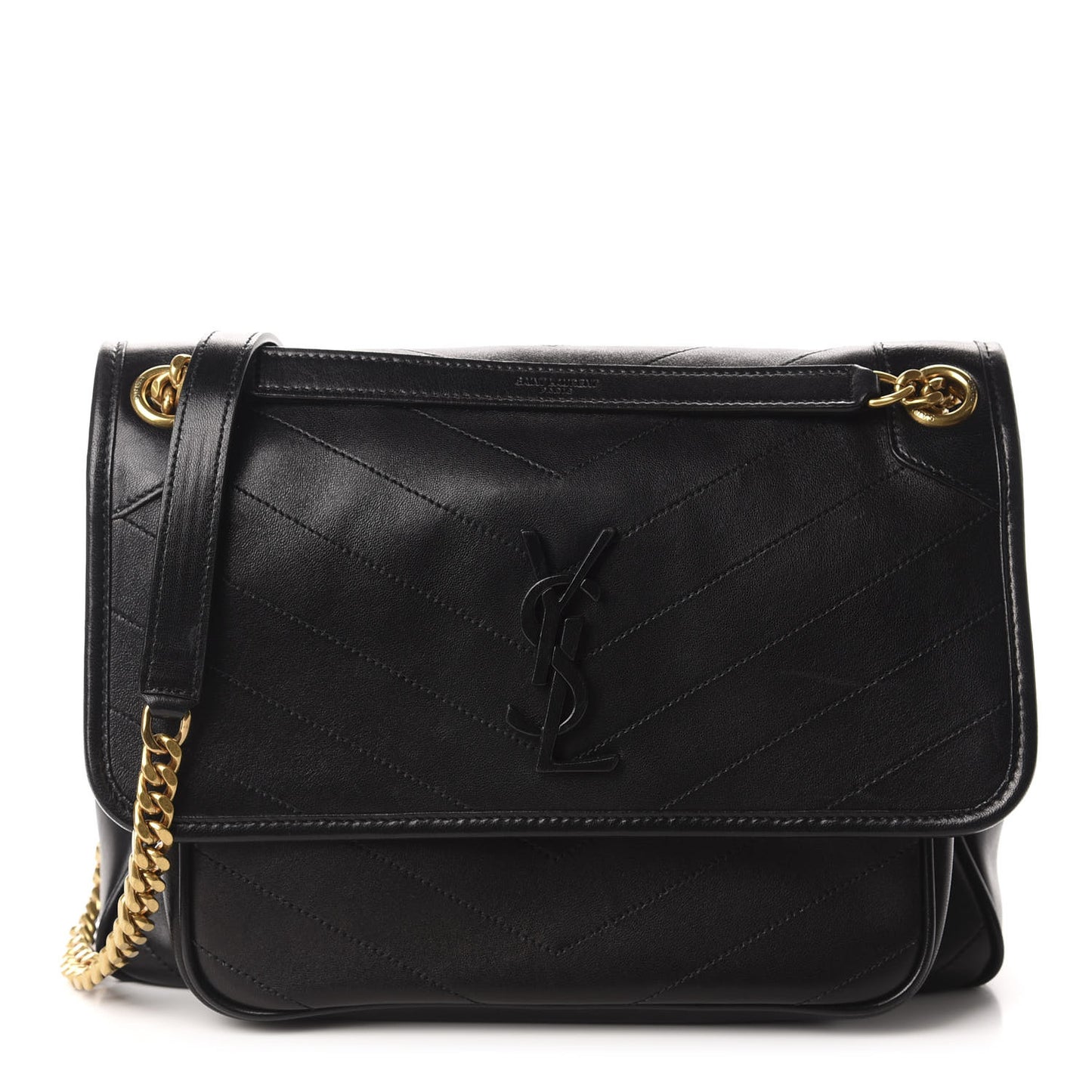 Lambskin Matelasse Monogram Medium Niki Chain Satchel Black